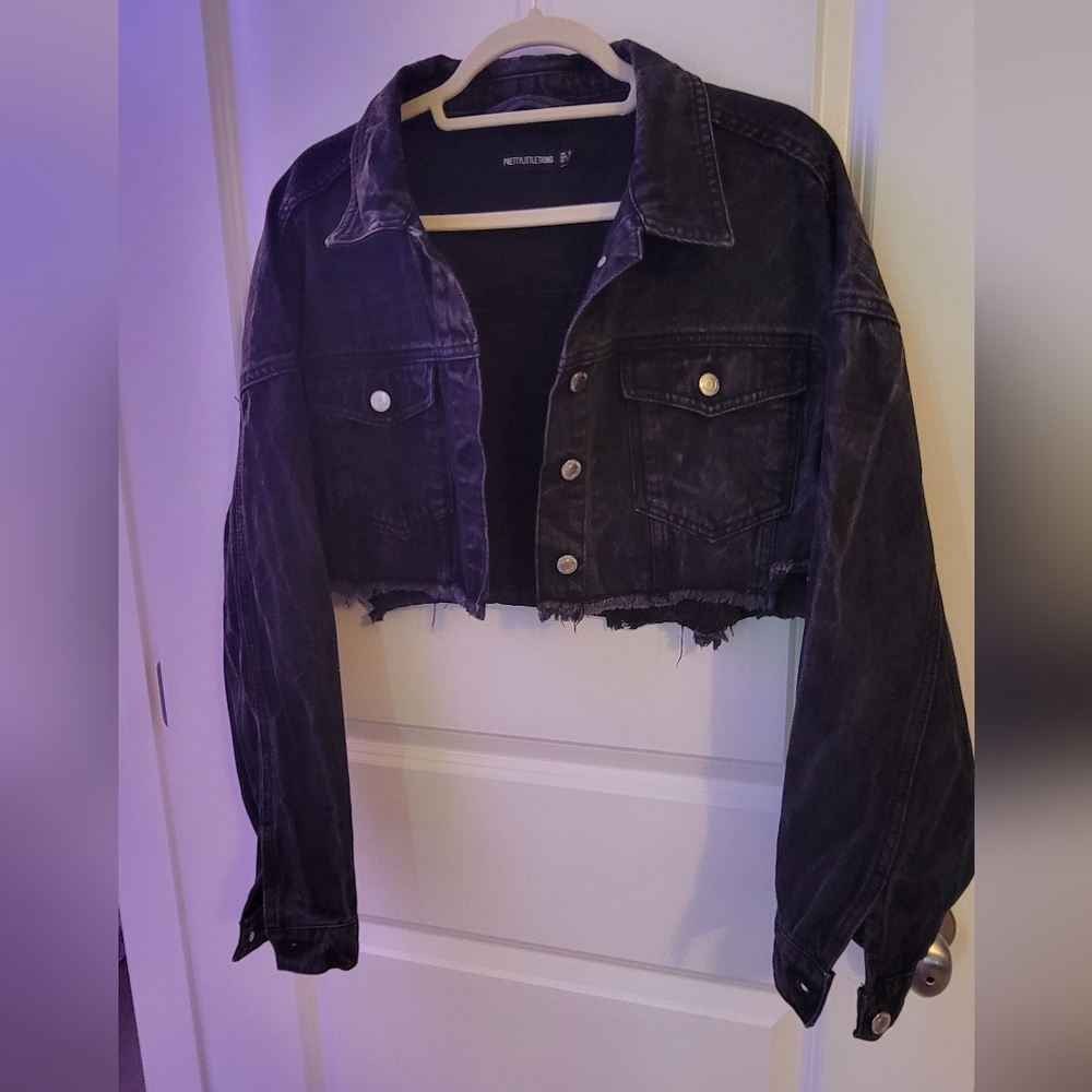 Black Cropped Dropped Shoulder Denim Jacket - Size 12